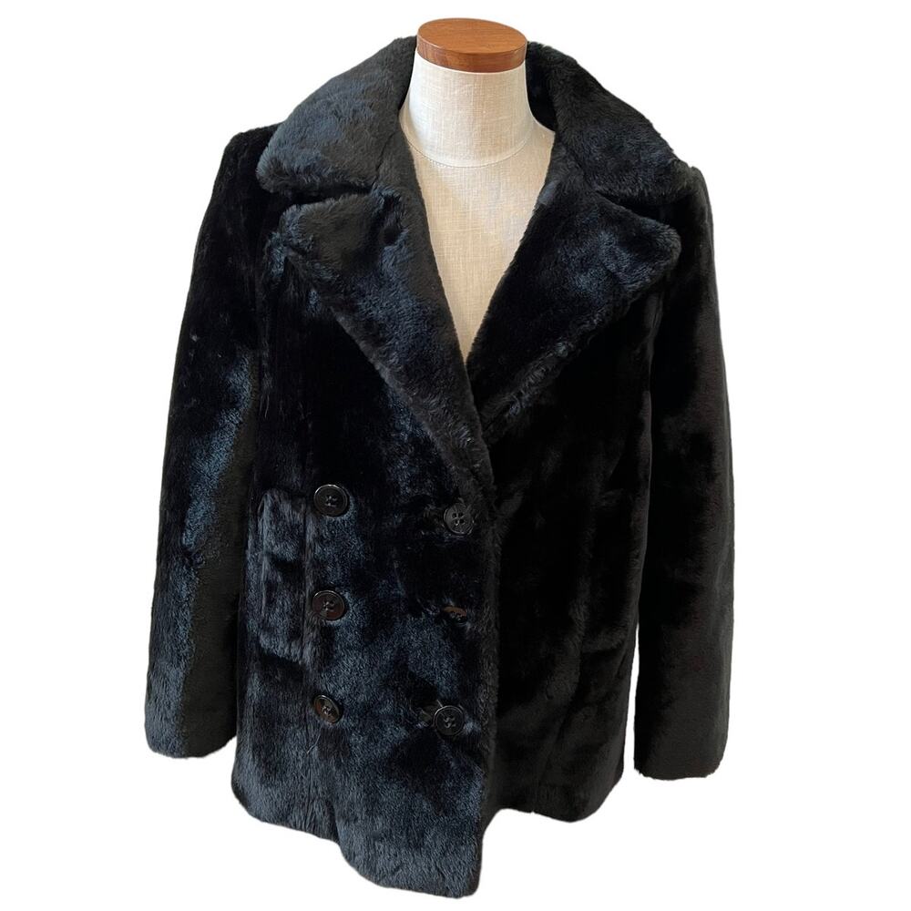 Vintage 70s White Stag Faux Fur Pea Coat Black